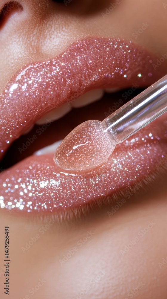 Fototapeta premium Close-Up of Glossy Sparkling Lips with Dropper for Beauty Application