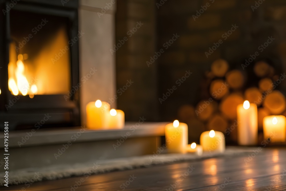 A Cozy Fireplace Setting with Glowing Candles and Stacked Firewood, Creating a Warm and Inviting Atmosphere for Relaxation and Comfort During Cold Evenings A Cozy Fireplace Setting with Glowing Candles and Stacked Firewood, Creating a Warm and Inviting Atmosphere for Relaxation and Comfort During Cold Evenings