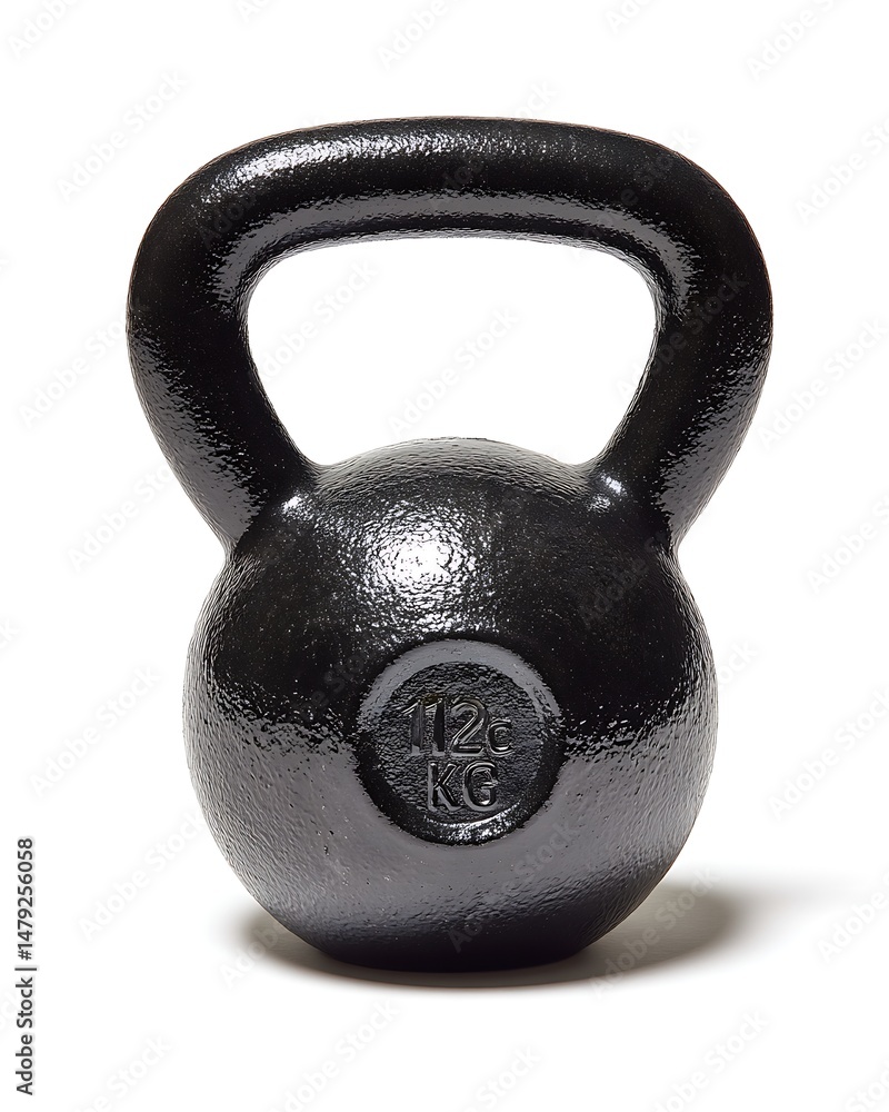 Fototapeta premium Black kettlebell 12kg, coated steel for strength training and conditioning, isolated on white background.