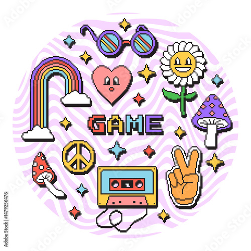 Set of retro pictures from the 70s. Vector illustration in pixel style