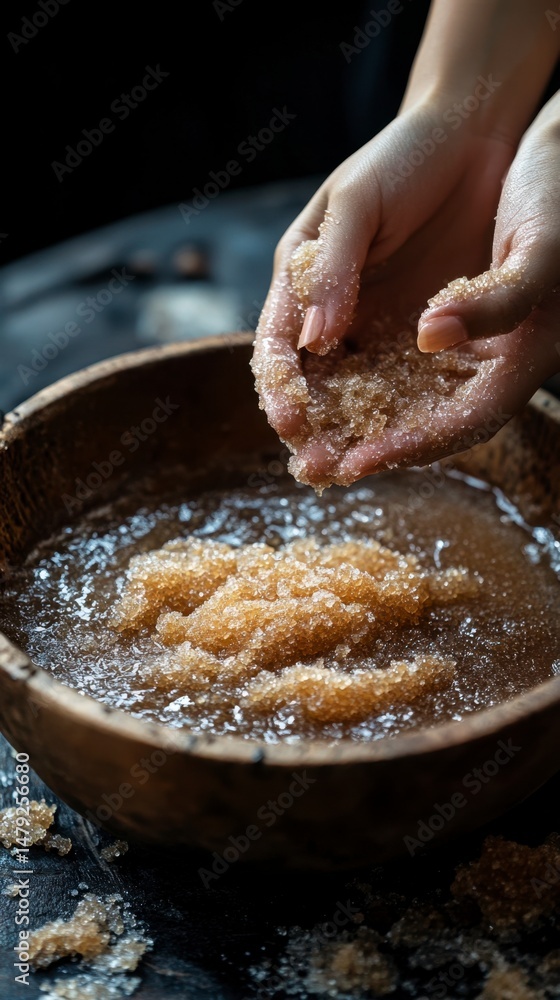Fototapeta premium Hands Preparing Natural Sugar Scrub for Spa Treatment at Home