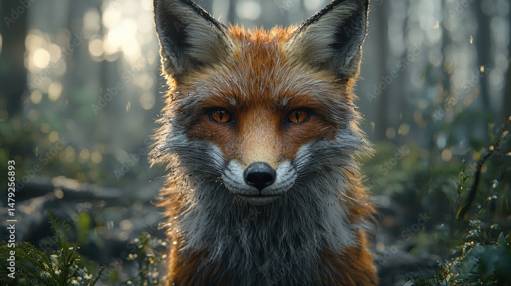 Fototapeta premium Red fox stares intently in misty forest