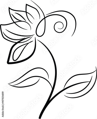 Elegant Black Line Art Flower with Leaves and Swirl Design Element