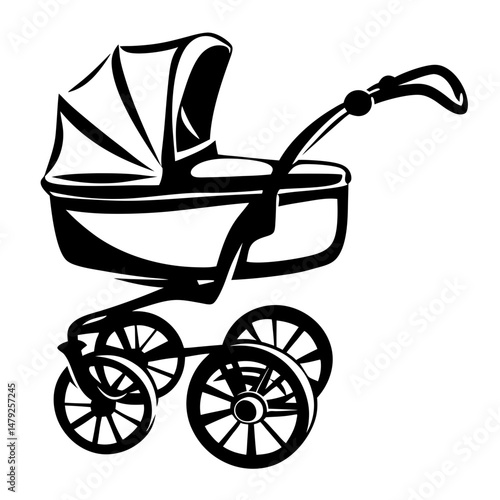 A stylized black and white illustration of a vintage baby carriage