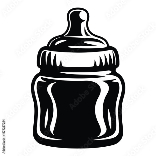 Monochrome illustration of a baby bottle with nipple and fluid chamber