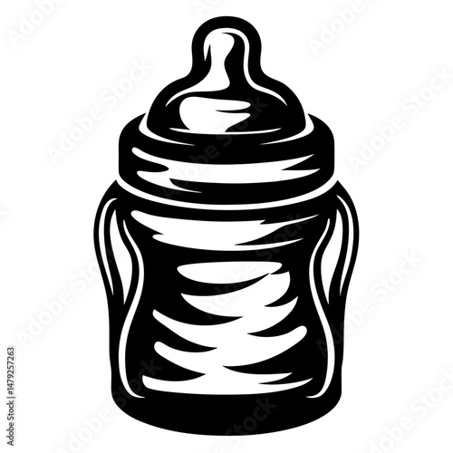 Stylized black and white image of a classic baby bottle design