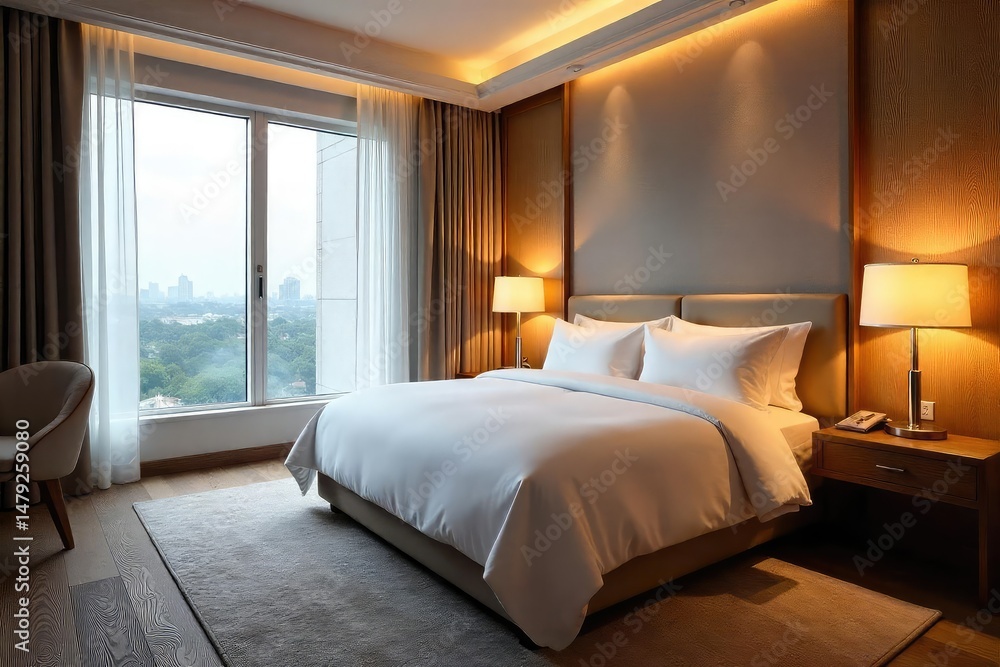 Fototapeta premium Luxurious hotel room, plush bedding, soft lighting, dark, plush, comfort