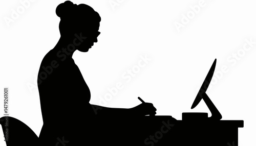 Thoughtful woman writing at desk in silhouette, intellectual exploration