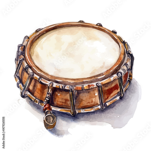Tambourine, watercolor vector, isolated on a white background.