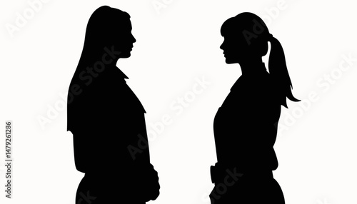 Silhouette of female police officers facing each other, unity and strength