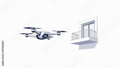 Futuristic drone hovering near a balcony, modern technology concept