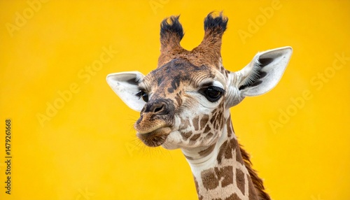 portrait of a giraffe on yellow background