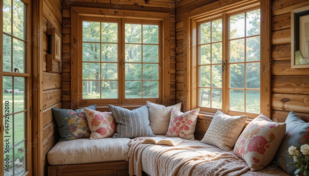 cozy reading nook in a summer cabin with natural light and soft pillows cozy reading nook in a summer cabin with natural light and soft pillows