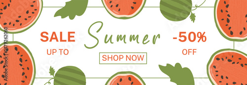 Horizontal Banner with Summer watermelon berries, juicy design for sales, promotions, discount coupons. Advertising materials National Watermelon Month is a vector template for celebrating August 3rd