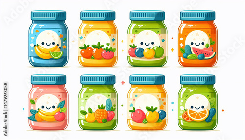 Isolated Clipart of Baby Puree Jars – Cheerful Labels, Fresh Fruits, Vegetables, Simple, Bold Design