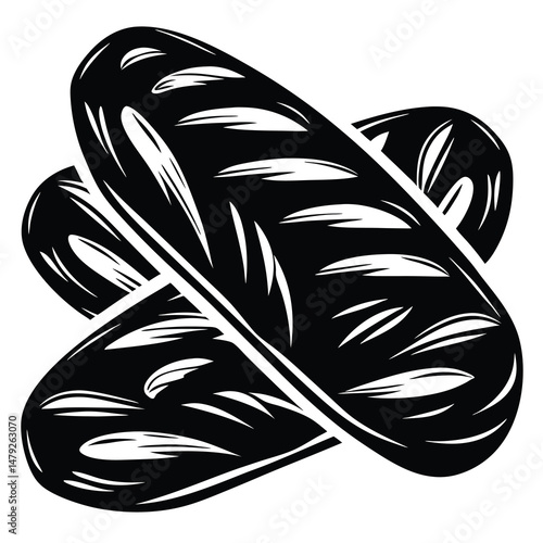 Monochrome depiction of two crusty French baguettes crossing each other in artistic style