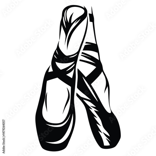 Black and white vector graphic of ballet pointe shoes with ribbons