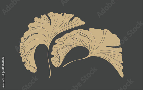 Black and brown hand drawn line with Japanese ginkgo leaves pattern in vintage style. Abstract art natural banner design vector.