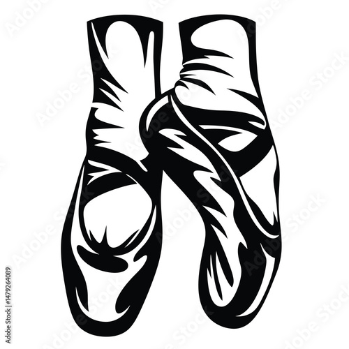 Dramatic black and white illustration of a pair of pointe ballet shoes