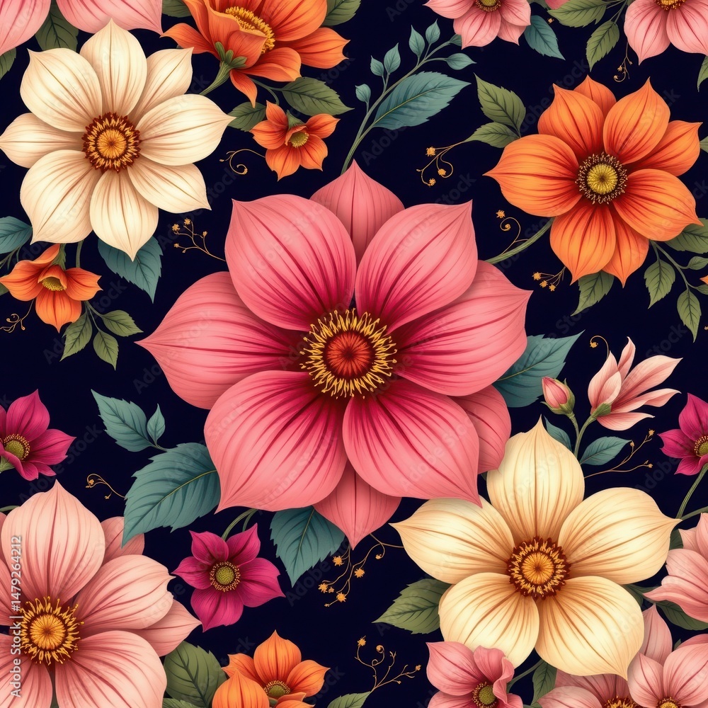 pattern of stylized, highly decorative flowers with ornate lines and rich color palettes pattern of stylized, highly decorative flowers with ornate lines and rich color palettes
