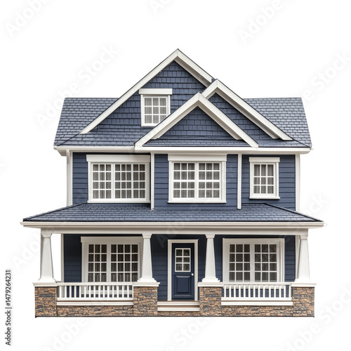 Classic two-story house with a front porch, featuring a blue exterior and white trim
