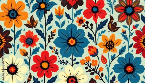 folk art style pattern with highly stylized, decorative flowers in bold, contrasting colors