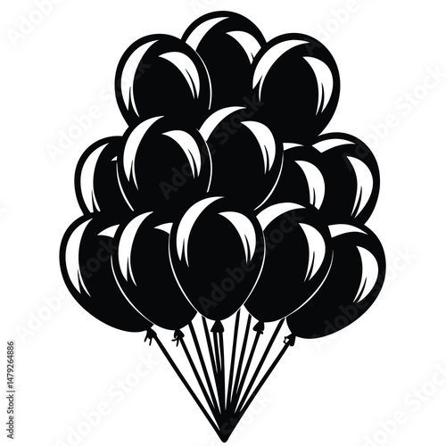 A Bunch of Festive Black Balloons Floating with Gleaming Highlights in Silhouette