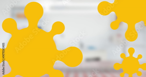 Overlaying large yellow abstract splatter onto blurred bedroom, with three splatters, copy space
