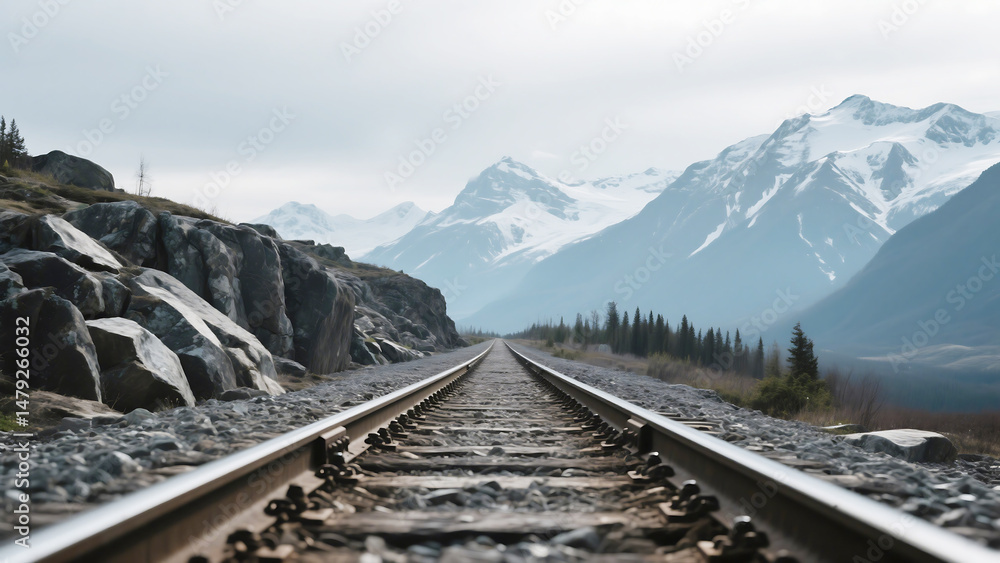 Fototapeta premium Dramatic Landscape of Railway Tracks Converging Towards Snow-Capped Mountains under Moody Sky