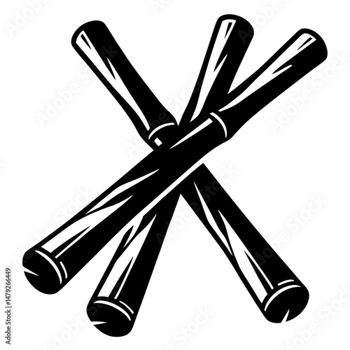 Three rounded batons crossing each other in a stark black and white style