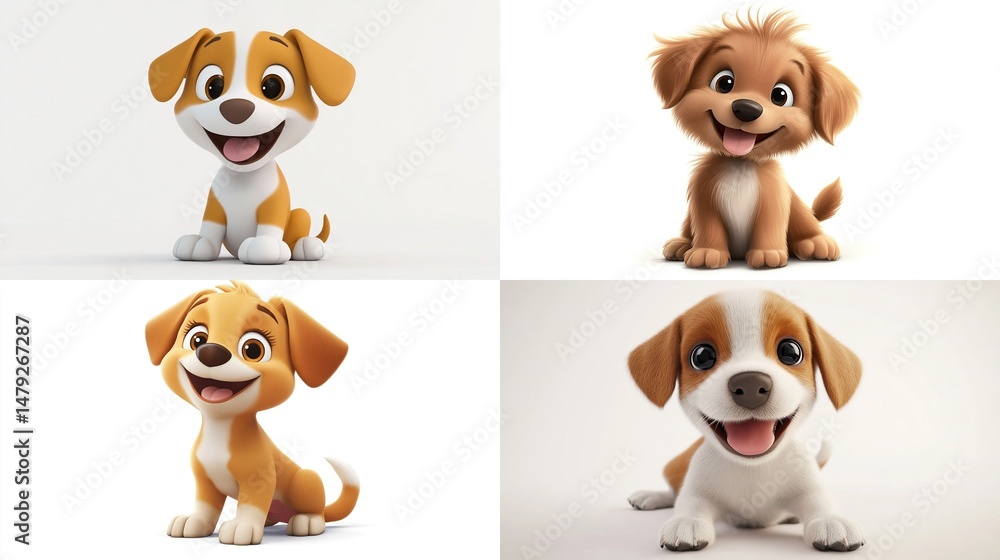 Four adorable cartoon puppies in various poses Four adorable cartoon puppies in various poses