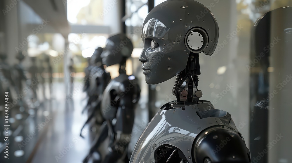 Fototapeta premium A row of humanoid robots standing in a line with a blurred background and a reflective surface