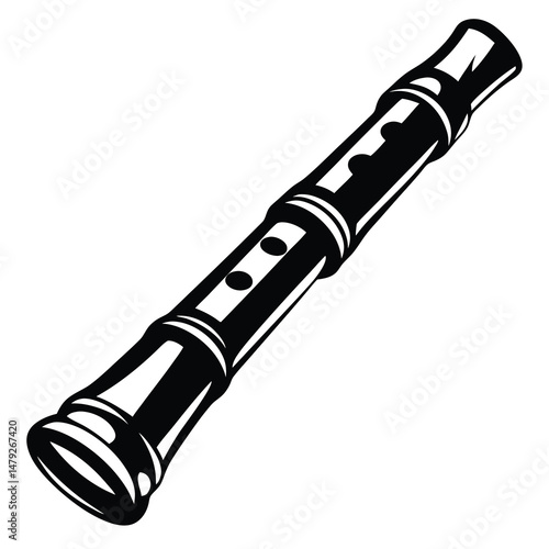 A black and white illustration of a recorder instrument with simple details