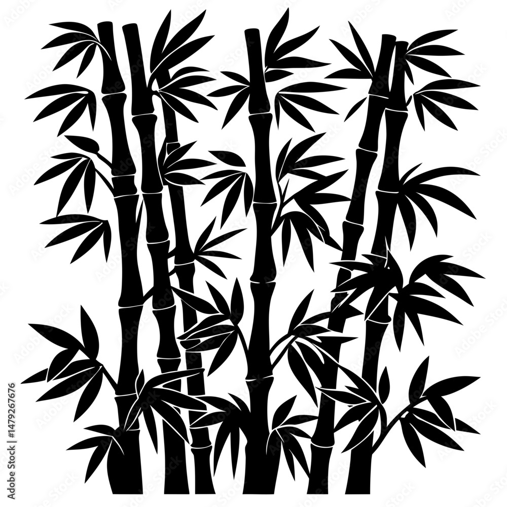 Obraz premium Striking Black and White Bamboo Grove Illustration with Leafy Accents
