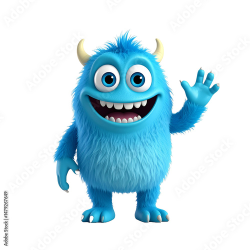 Friendly Blue Fuzzy Monster Waving Hello Cartoon Character Illustration