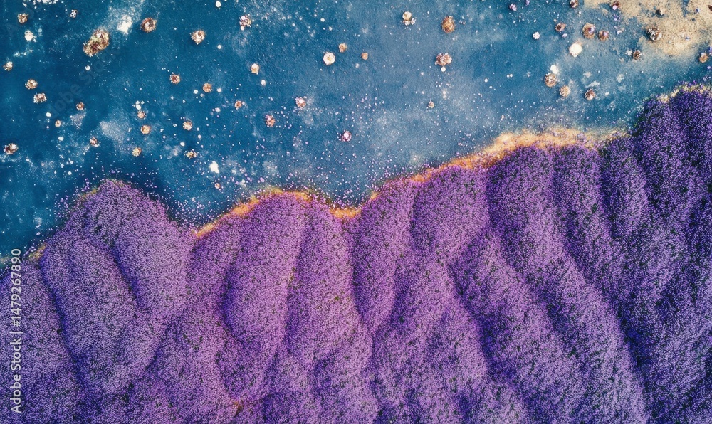 Fototapeta premium Aerial View of Vibrant Purple Flowers Adjacent to Calm Water Surface