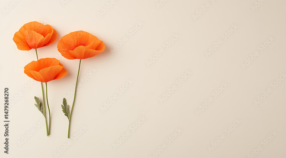 Fototapeta premium Three elegant orange flowers on a plain background. Minimalist floral art, perfect for adding a touch of springtime to your space. Copy space to right.