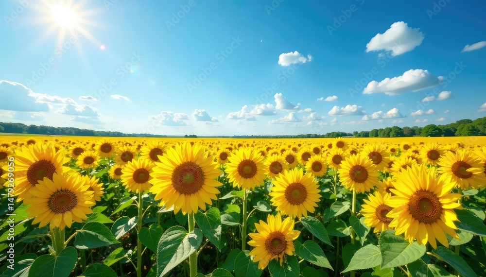 Fototapeta premium Vast field of sunflowers blooming under a bright summer sky , summer, sky, flower