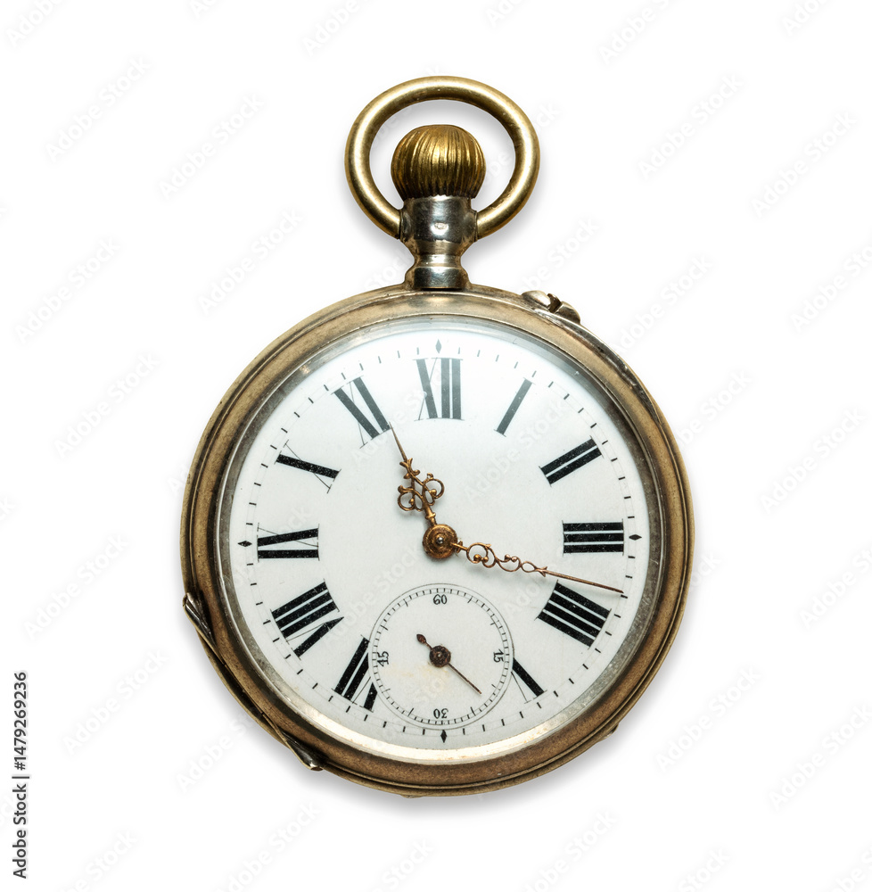 Old clock, watch close-up isolated on white background. Antique clock face. Old clock, watch close-up isolated on white background. Antique clock face.