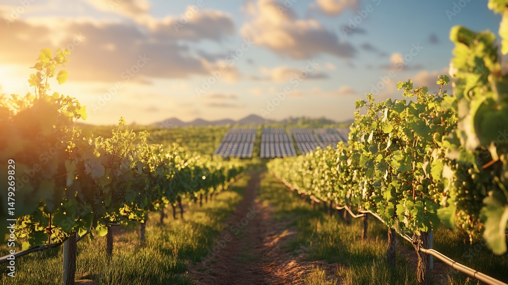 Fototapeta premium Vineyard at sunset with solar panels