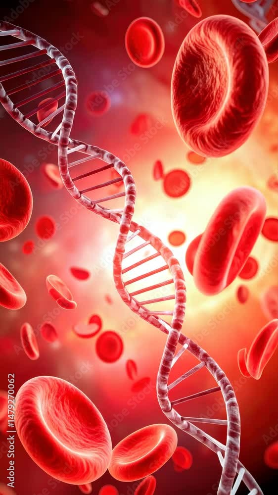 custom made wallpaper toronto digitalA detailed view of a DNA double helix surrounded by floating red blood cells in a vibrant, scientific environment.