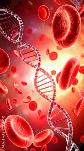 Wallpaper Mural A detailed view of a DNA double helix surrounded by floating red blood cells in a vibrant, scientific environment. Torontodigital.ca