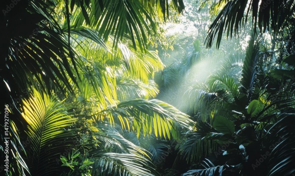 Naklejka premium Lush Tropical Jungle with Sunlight Filtering Through Dense Canopy