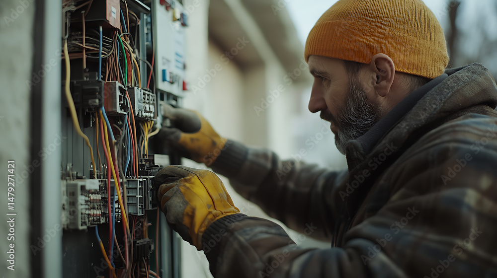 Electrician Working on a Power Panel Electrician Working on a Power Panel