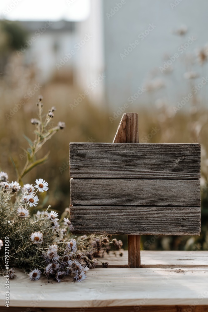 Naklejka premium Rustic Wooden Sign with Wildflowers: A Serene Autumnal Scene