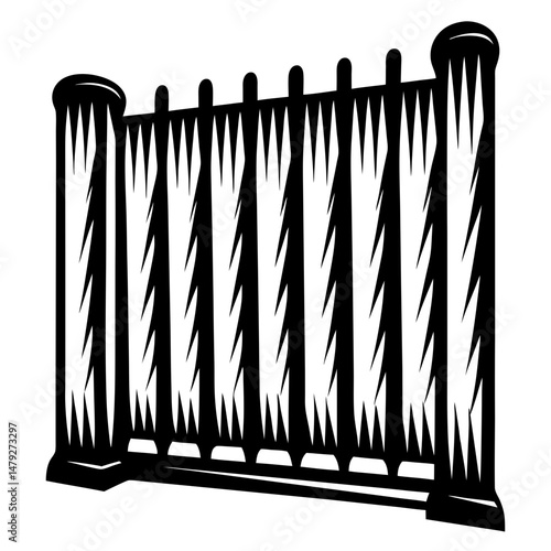 Monochrome Picket Fence Silhouette with Decorative Elements and Angled Design