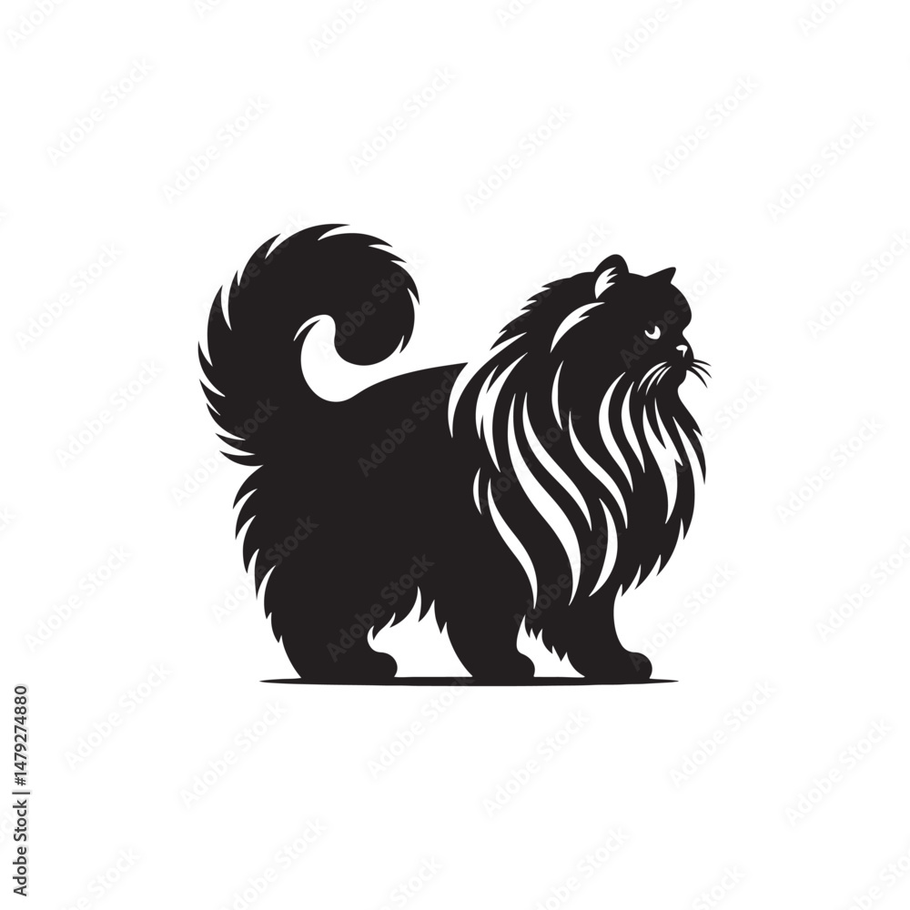 Fototapeta premium Himalayan Cat Vector Silhouette: Long-Haired Elegant Feline with Distinctive Color Point Pattern, Captured in Graceful Pose for Modern Minimalist Art, Pet Design, or Digital Illustration Use. 