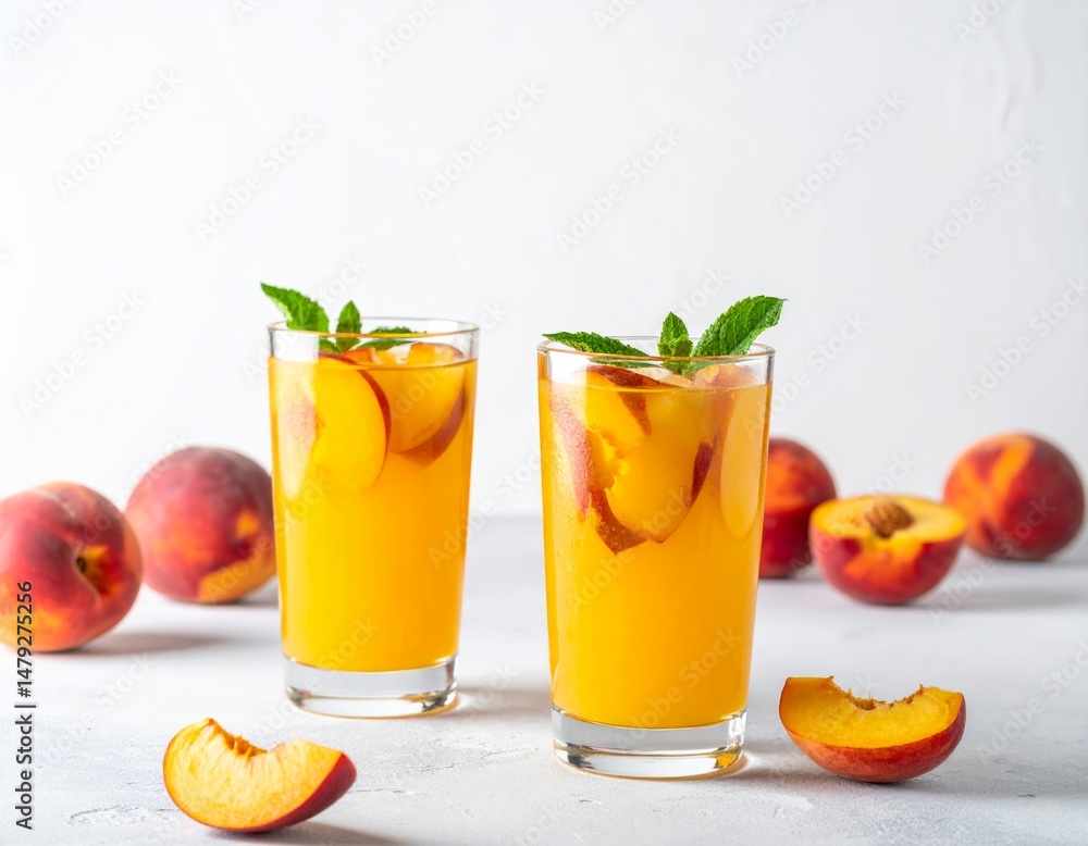 Fototapeta premium Orange drinks with mint and peach slices on table, whole peaches around, white textured background.