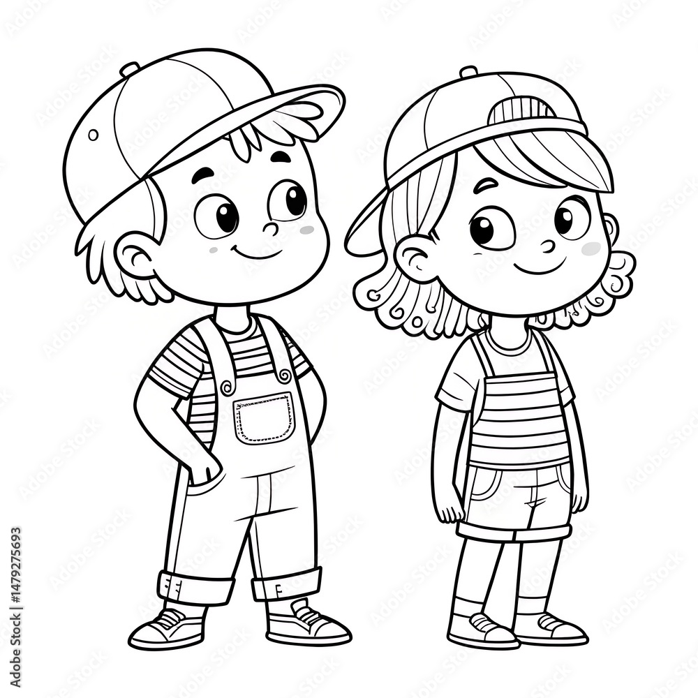 Black line art design of boy and girl, vector illustration for coloring book pages on transparent background Black line art design of boy and girl, vector illustration for coloring book pages on transparent background