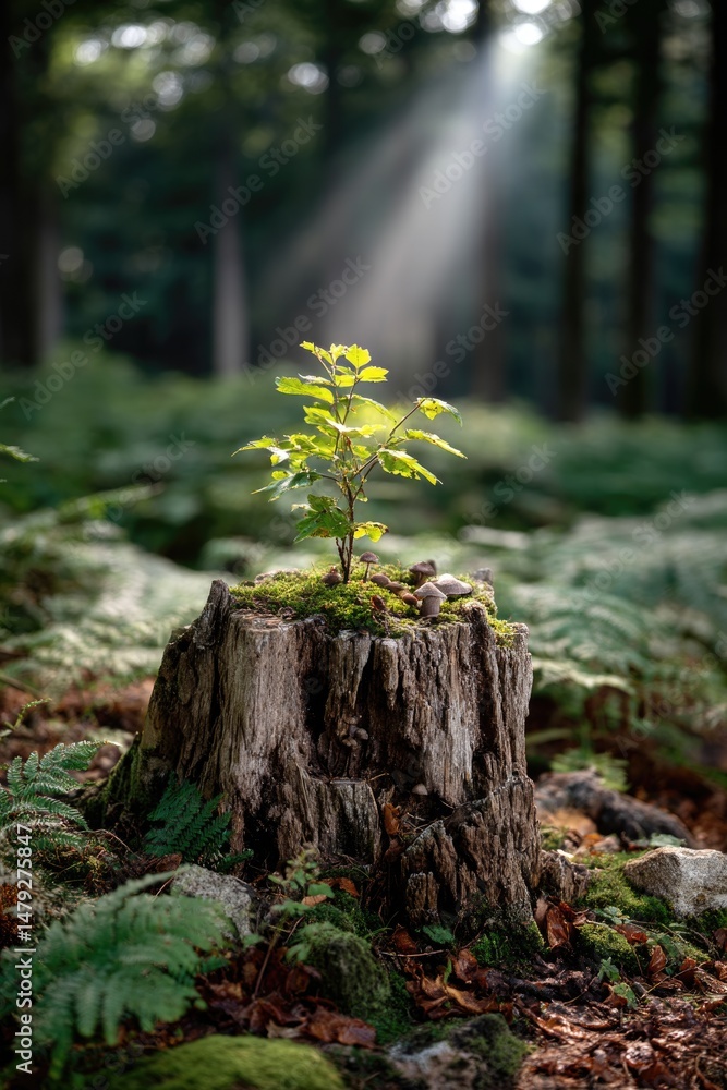 A young tree with vibrant green leaves emerging from an old, weathered tree stump, standing in the center of a misty forest A young tree with vibrant green leaves emerging from an old, weathered tree stump, standing in the center of a misty forest